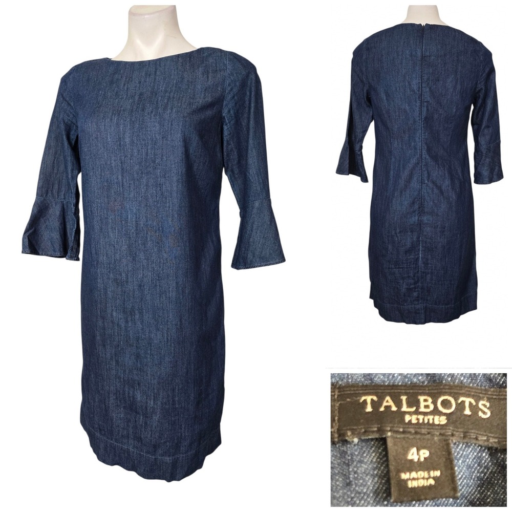 Talbots Petites Denim Shift Dress 4P Blue Cotton Bell Sleeve 3/4 Sleeve Indigo